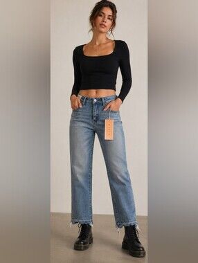 Risen High Rise Crop Straight Slim Jeans